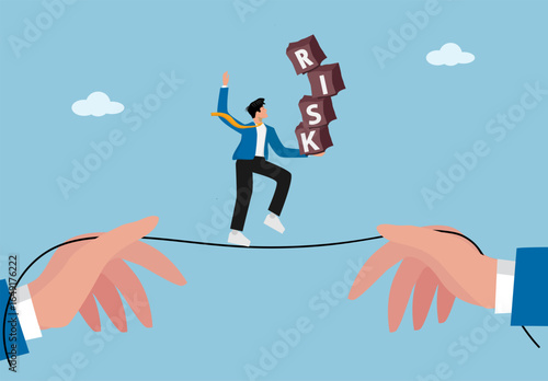 Businessman Struggling to Keep Balance on Tightrope While Carrying Unstable Risk Blocks, Business Challenge, Pressure, and Financial Risk Management Concept Illustration