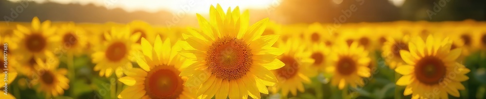 Obraz premium Golden sunlight bathes a field of sunflowers, their petals a vibrant, cheerful yellow, swaying gently in a summer breeze A tranquil and idyllic scene of natural beauty , day, warm, blossom