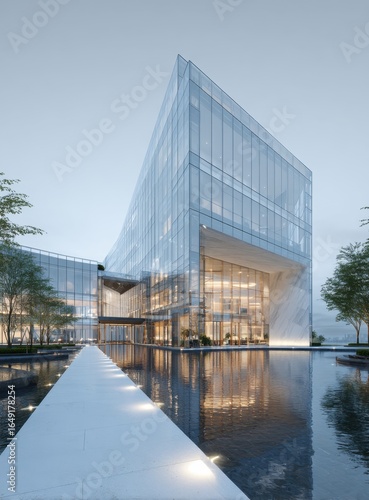 A modern architectural showcases a sleek, glass-clad structure reflecting in tranquil waters, embodying contemporary design and innovative construction techniques, creating a serene atmosphere.