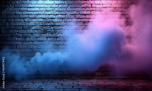 
Dark brick wall background with blue and purple glowing fog,

