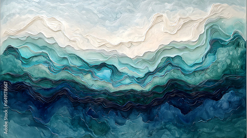 The painting is of a blue ocean with white clouds