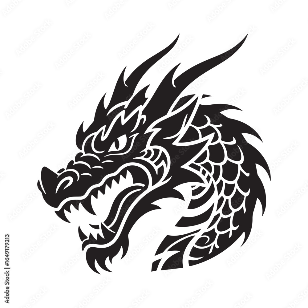 Fototapeta premium Black and white vector style illustration of a fierce dragon head in profile view. 