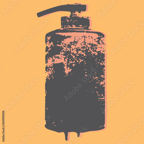 Grunge bottle pump soap dispenser in black and orange. Modern minimal vector illustration with strong texture and simple contrast for hygiene and household themes.