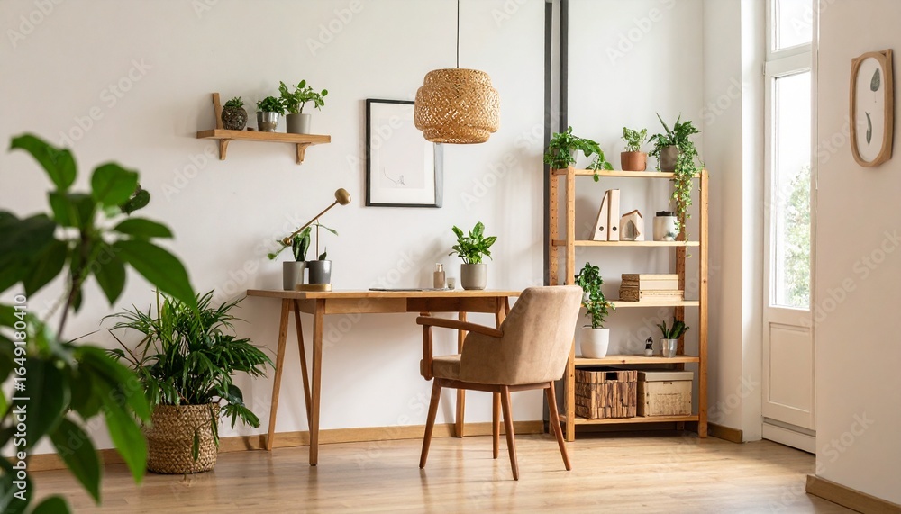 Fototapeta premium Cozy, minimalist home office with wooden furniture and greenery.