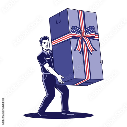 Gift Delivery Illustration: A stylized illustration depicts a delivery person, burdened yet determined, carrying a colossal gift package adorned with patriotic ribbon.