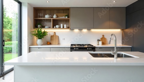 Modern kitchen with sleek, pristine white quartz worktop countertop, perfect for food preparation and stylish home design ,  worktop,  white,  kitchen design