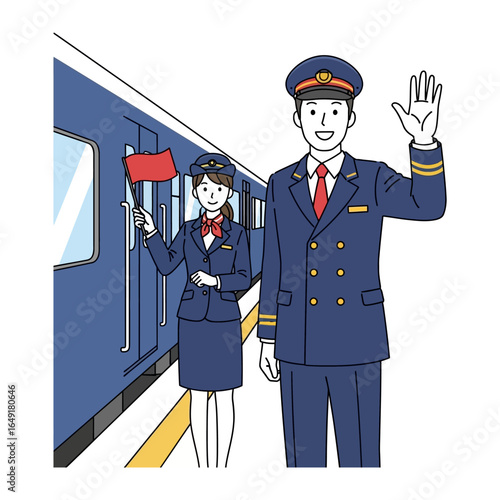 Train Crew Greeting: Capturing the essence of rail travel with a train conductor and attendant, meticulously greeting passengers, this illustration encapsulates professionalism and punctuality. 