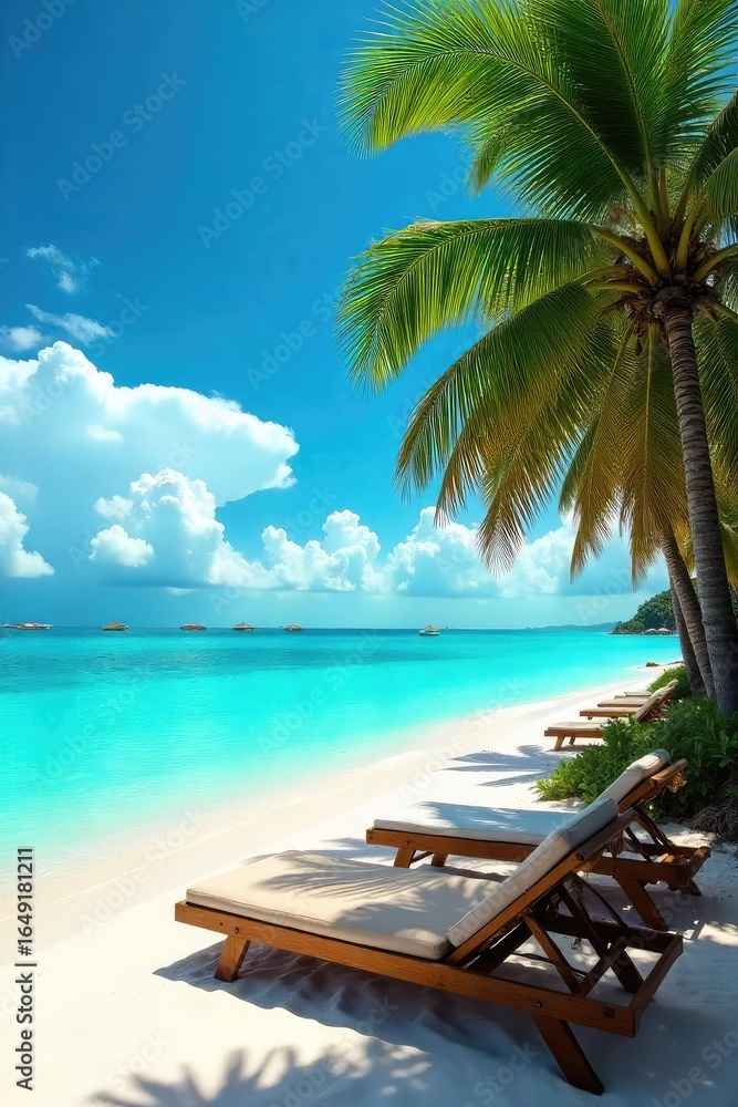 Fototapeta premium Relaxing on a tropical island, surrounded by turquoise water and swaying palm trees, a vibrant array of deck chairs awaits, promising ultimate serenity and escape , deck chair, vacation