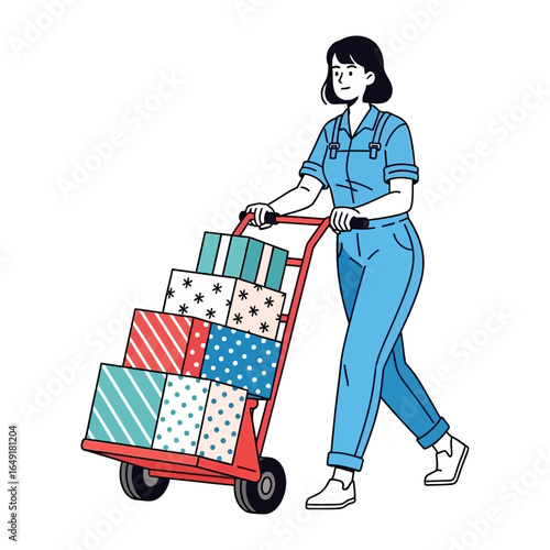 Delivery Worker with Packages: A hardworking delivery worker, shown in a dynamic illustration, is expertly maneuvering a hand truck loaded high with brightly wrapped gift boxes.