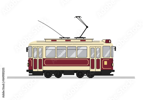 Vintage Cream and Burgundy Tram with Pantograph on Tracks.