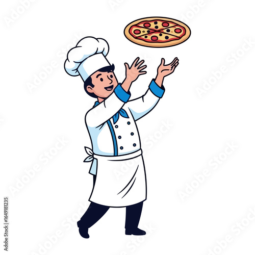 Pizza Chef's Culinary Act: An illustration captures the dynamic moment as a skilled chef tosses a delectable pizza pie in the air, embodying culinary skill and the art of Italian cuisine.