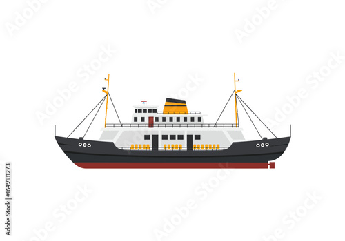 Flat Vector Illustration of a Passenger Ferry Boat with Black Hull.