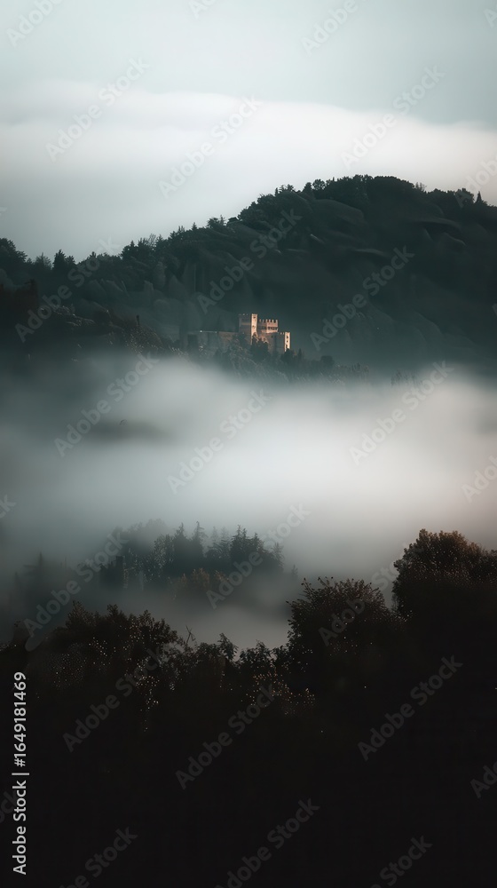 Fototapeta premium Misty mountain landscape with a castle nestled within.