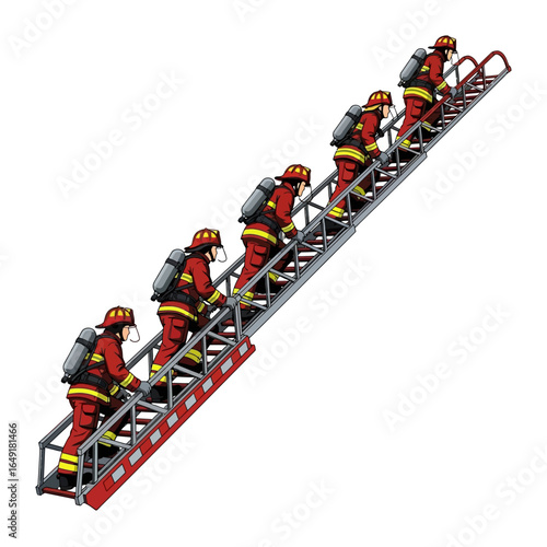 Firefighters Climbing Ladder: A team of dedicated firefighters ascends a ladder in unison, their red uniforms standing out as symbols of bravery and determination.