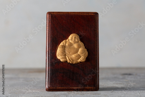 Hoteisan Lucky Okimono One Of The Seven Lucky Gods Hotei Wood and Ceramic Triangular Ornament Japan