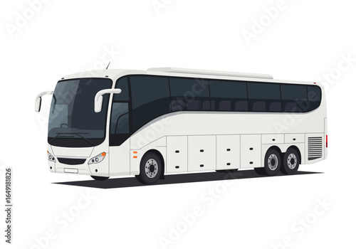 Sleek White Tour Bus with Tinted Windows and Multiple Axles.