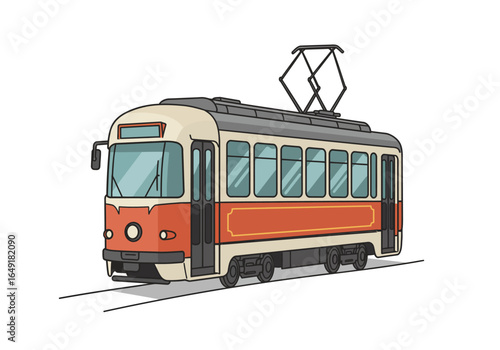 Vintage-Style Red and Cream Colored Tram Illustration on Rails.
