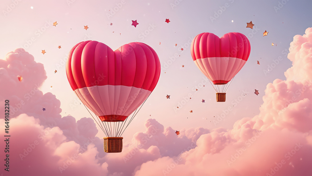 Obraz premium Two heartshaped hot air balloons floating gracefully through a dreamy pink sky filled with soft clouds and falling petals