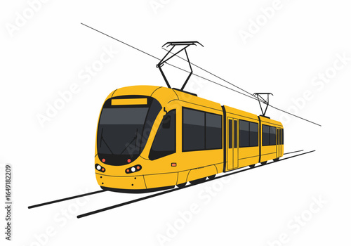 Modern Yellow Tram on Tracks with Overhead Electrical Lines.