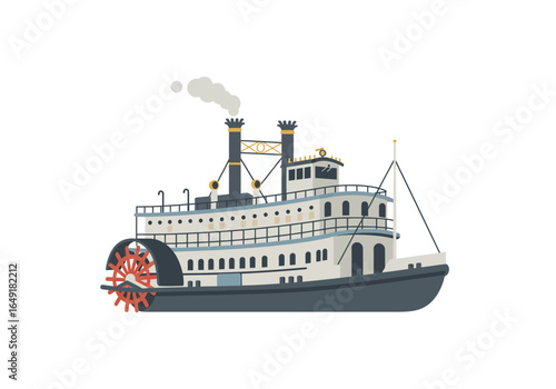 Illustrated Paddle Steamer with Red Paddle Wheel and Twin Smokestacks.