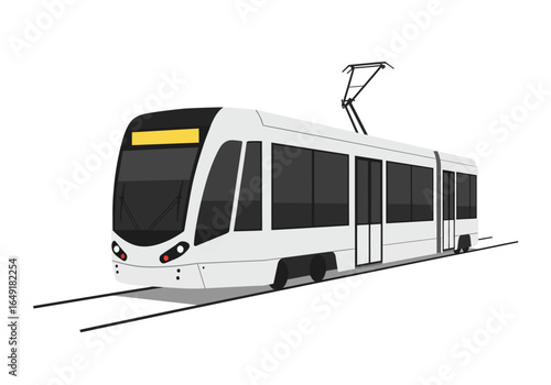 Modern White Tram Illustration with Overhead Power Collector.