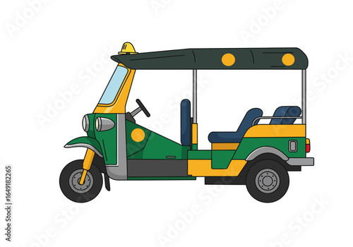 Green and Yellow Tuk-Tuk Illustration Three-Wheeled Vehicle Asian Transportation.