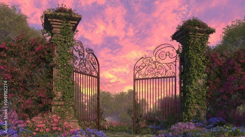 Ornate wrought-iron gates open to a colorful garden at sunset.
