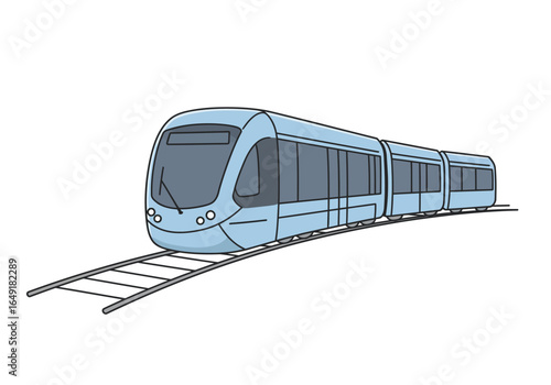 Light Blue Modern Tram on Curved Tracks Illustration.