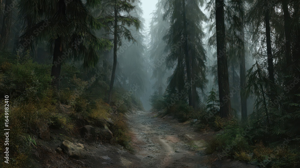 Obraz premium Misty forest path winding through tall trees.