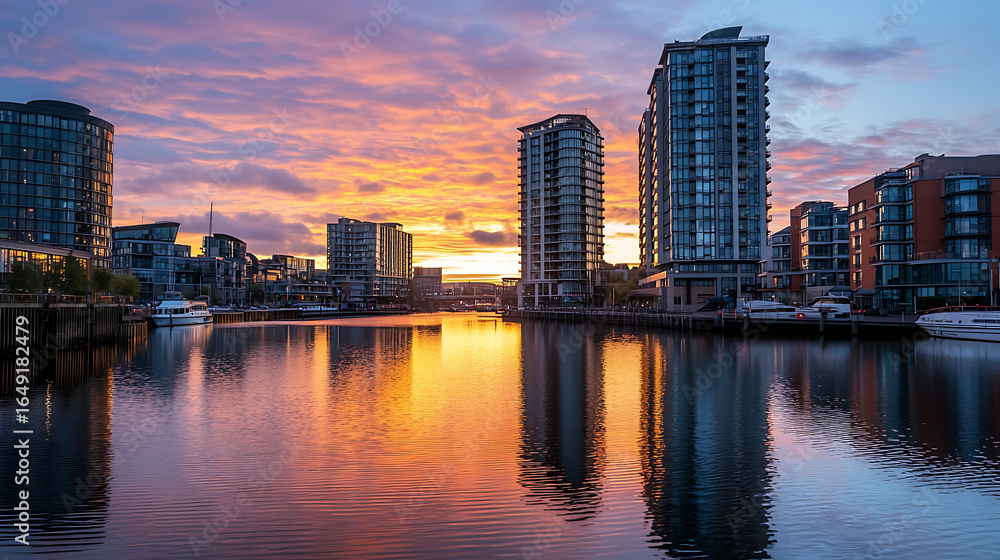 Fototapeta premium A city skyline with a beautiful sunset in the background