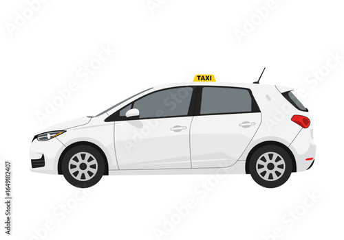 White Hatchback Taxi Car with Yellow Sign.