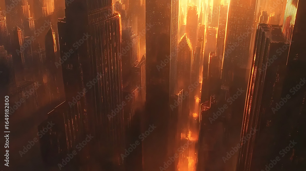 Obraz premium A cityscape with orange buildings and a foggy sky