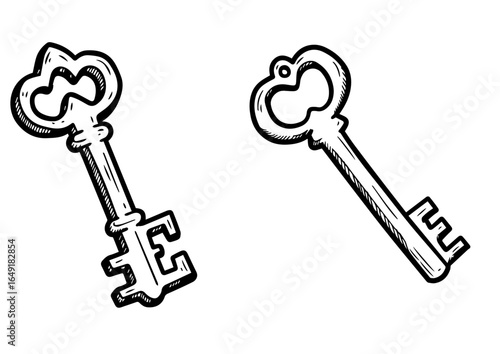 Vintage keys in sketch style on white background  set