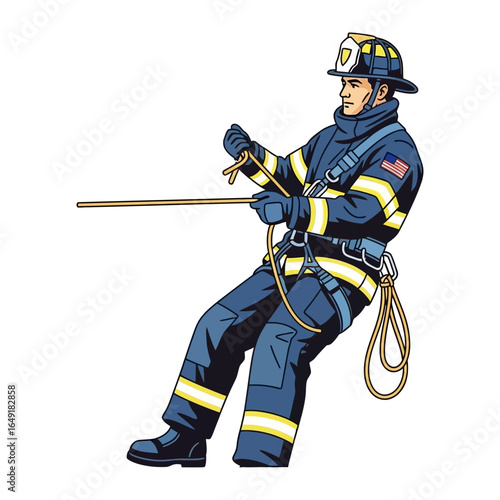 Fearless Rescue: A firefighter in full gear demonstrates expert rope techniques, exemplifying skill, courage, and the unwavering commitment to saving lives.