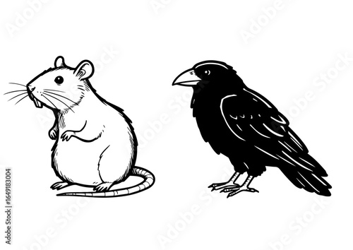 Mouse and crow in sketch style on white background  