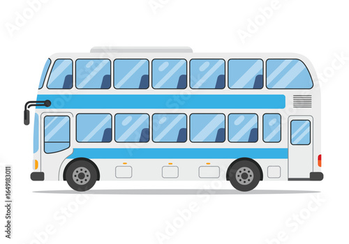 White and Blue Double Decker Bus with Multiple Windows.