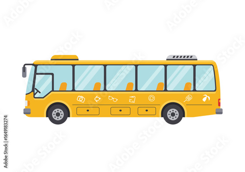 Yellow Tour Bus with Travel Icons Illustration.