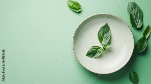 Plate with fresh green basil leaves on pastel green background with minimalistic healthy food layout