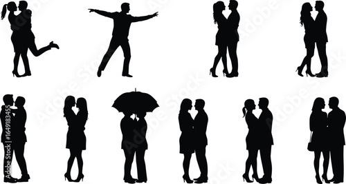 Romantic couple silhouette set, love illustration, kissing pose, hugging, dating vector, umbrella romance, affectionate embrace, relationship moment, passion, intimacy