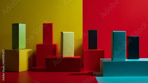 Fototapeta Naklejka Na Ścianę i Meble -  Colorful bar chart made from blocks on vibrant red and yellow background in abstract business concept