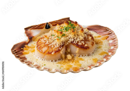 Close-up of baked Coquilles St. Jacques in a natural scallop shell, with bubbling creamy sauce, golden gratin, and fresh herbs on a transparent background, gourmet seafood dish concept