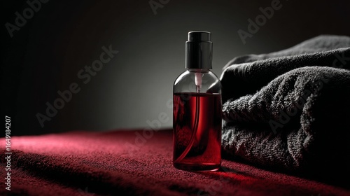 Dark glass bottle with towel and moody red background for luxury skincare or wellness product photography