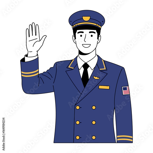 Pilot in Uniform: A friendly pilot in a crisp uniform confidently offers a welcoming gesture. With a warm smile, he embodies professionalism and approachability.