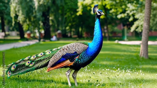 A stunning peacock struts gracefully, showcasing its vibrant plumage against a serene park backdrop filled with greenery