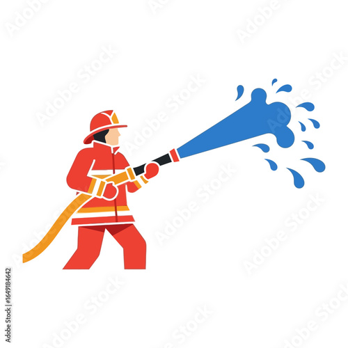 Heroic Defender: A valiant firefighter battles the blaze, wielding a powerful water hose with unwavering determination. This illustration depicts courage and service.