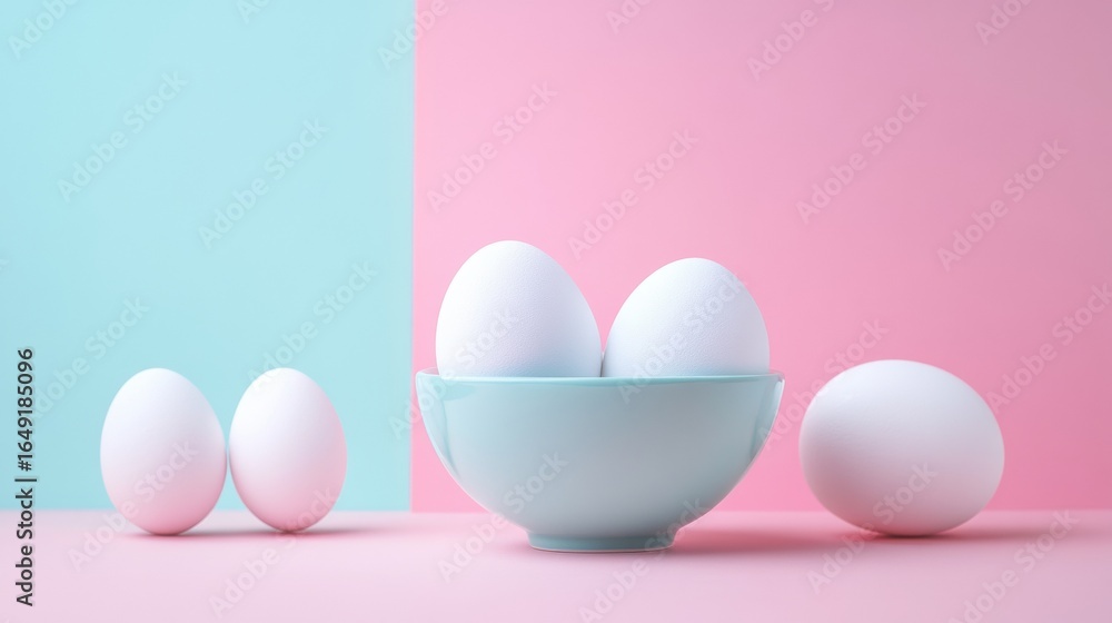 Fototapeta premium White eggs and bowl on split pink and blue background for fresh organic food concept and modern design scene