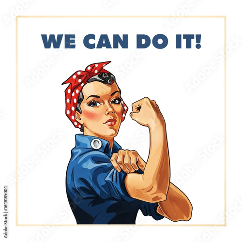Empowerment Icon: A vintage-style illustration, the image of a woman flexing her bicep with the empowering phrase WE CAN DO IT! emblazoned above, a symbol of strength and determination.