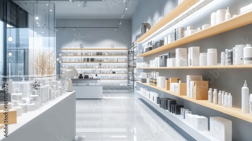 Modern retail interior with open white shelving and bright lighting for product display or store branding concept