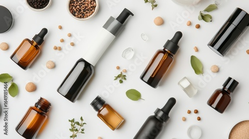 Flat lay of essential oil bottles and herbs on white background for wellness, skincare or spa product branding