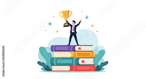 Achieving success through knowledge and dedication standing on a pile of books holding a trophy